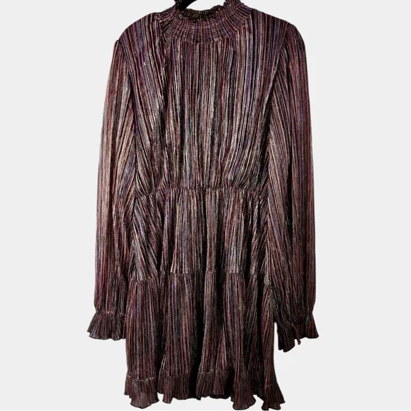 NWT O.P.T Women’s Metallic Striped Ruffle Long Sleeve Smock Neck Party Dress, XL - Picture 2 of 15